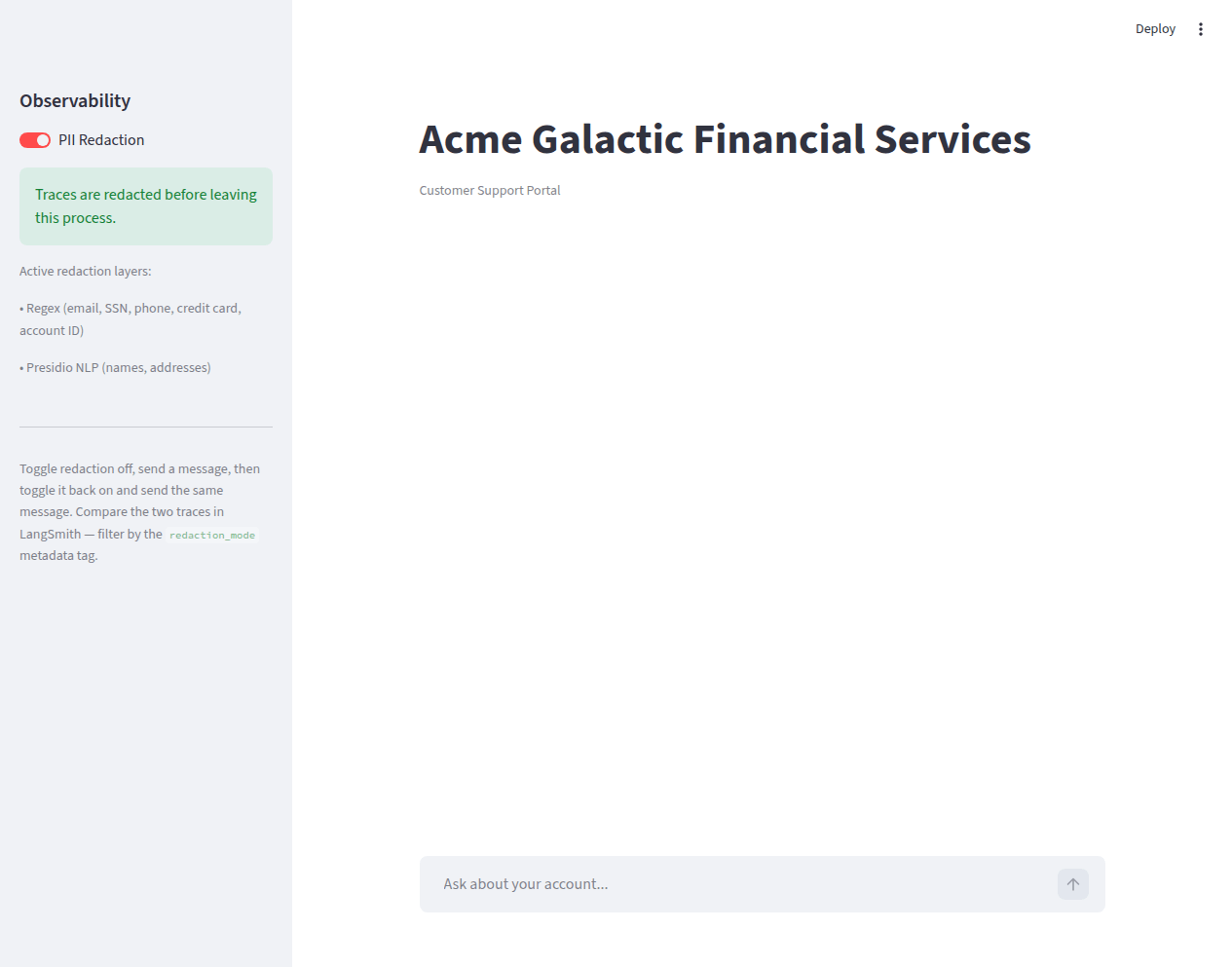 Demo app initial state — sidebar shows PII Redaction toggle enabled, main area shows the chat interface