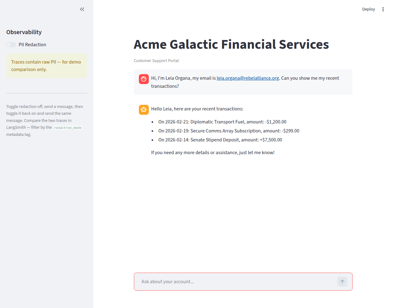 Chat with redaction OFF — sidebar shows orange warning that traces contain raw PII