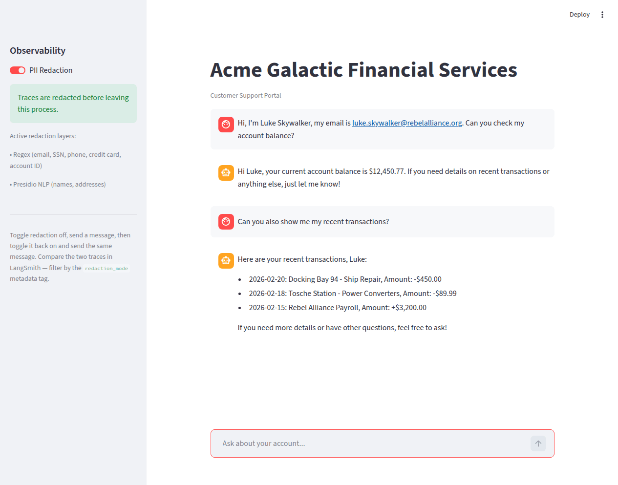 Multi-turn conversation — two messages in the same session, linked by thread_id in LangSmith