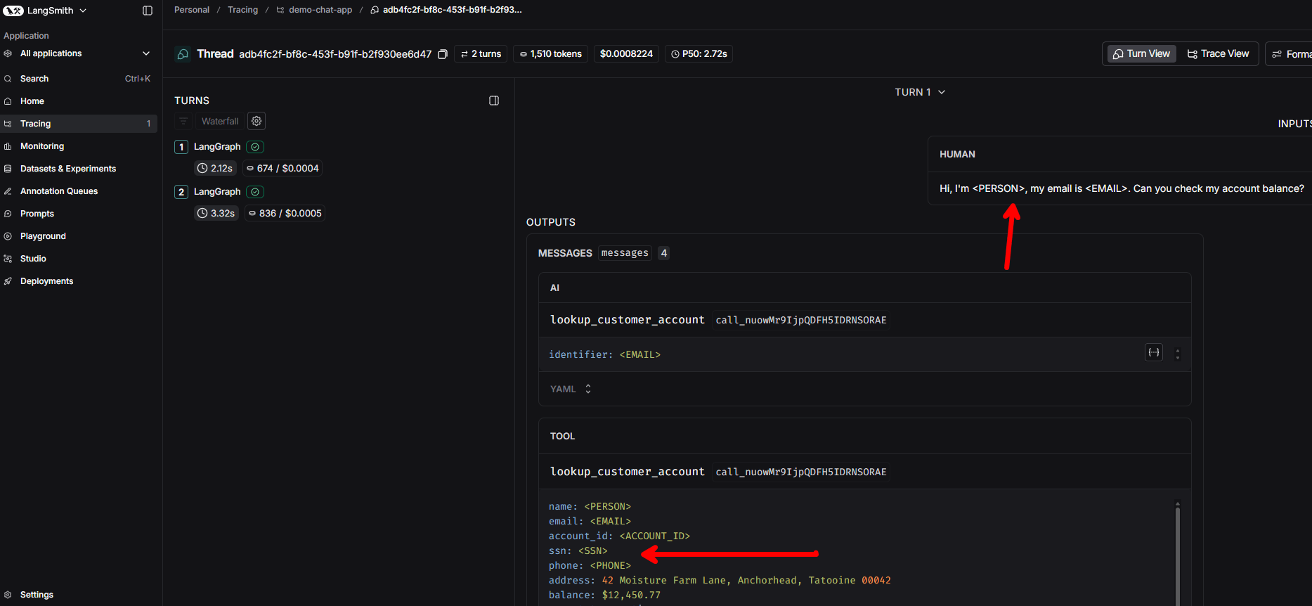 LangSmith trace with redaction ON — same structure but PII replaced with tokens like PERSON, EMAIL, SSN, PHONE, and ACCOUNT_ID